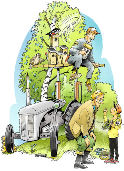Illustration av traktor, barn och vuxna som fågelskådar ute i naturen