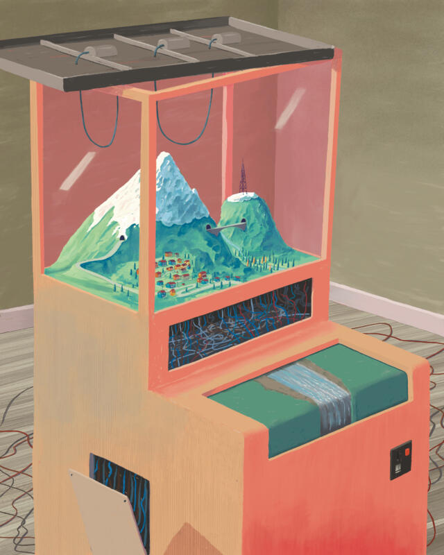 Colourful illustration with arcade machine and model mountain landscape