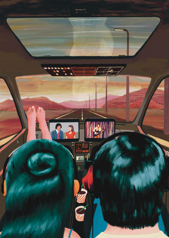 Colourful poster with people sitting in self-driving car