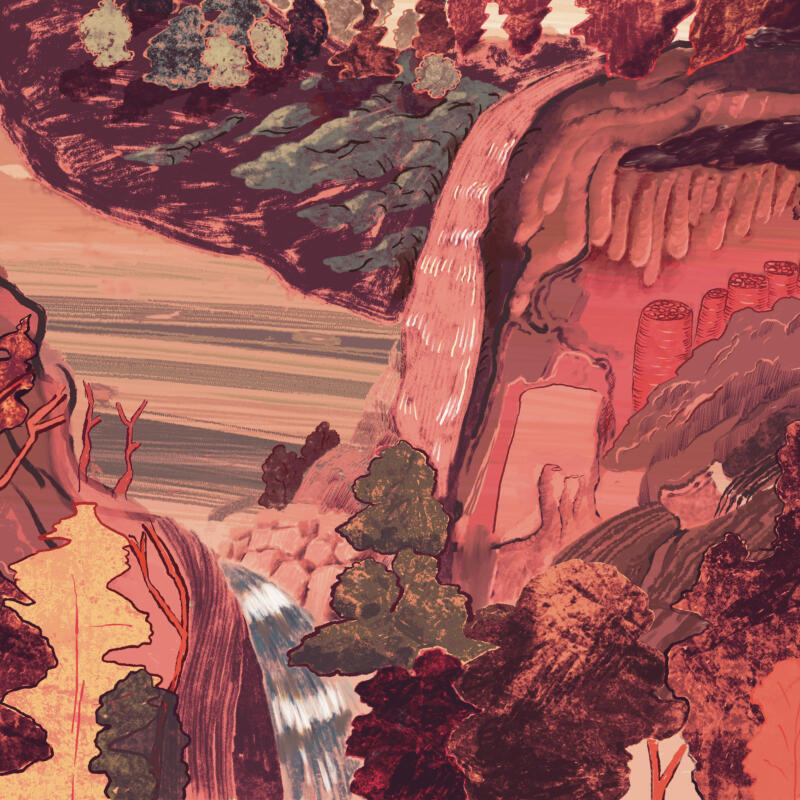 Colourful animated illustration with strange machine in detailed landscape.