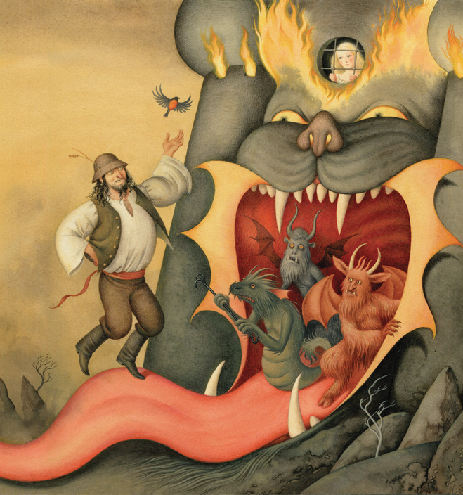 Akvarell illustration av en man som räddar en flicka från helvetet