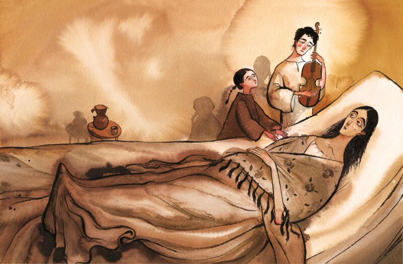 Illustration av en fattig familj med en sjuk mamma som ligger i sängen