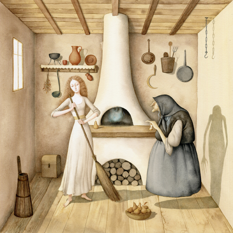 Akvarell illustration av en flicka som städar en häxas hus