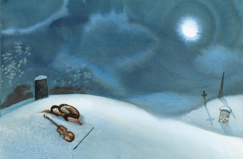 Illustration av en ledsen pojke som ligger i snö på sin fars grav