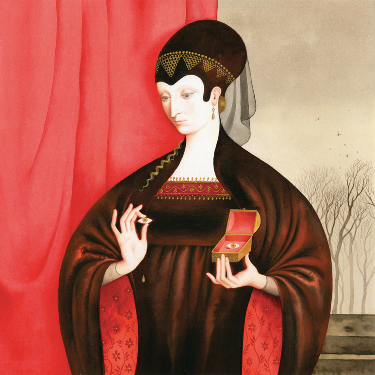 Akvarell illustration av en ädel kvinna som håller två ögon i en liten låda