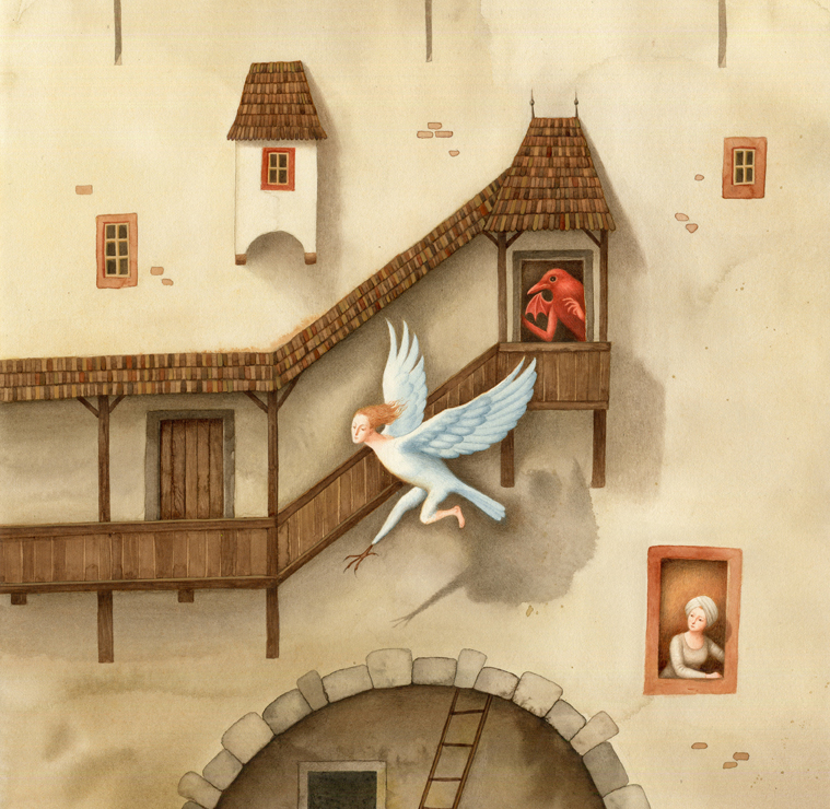 Akvarell illustration av en förtrollad man som flyr från ett slott 