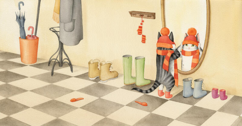 Illustration av en katt som tar på sig en hatt och en halsduk