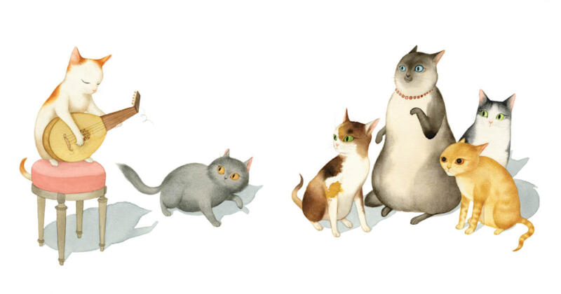 Akvarell illustration av en katt som spelar en luta (dåligt)