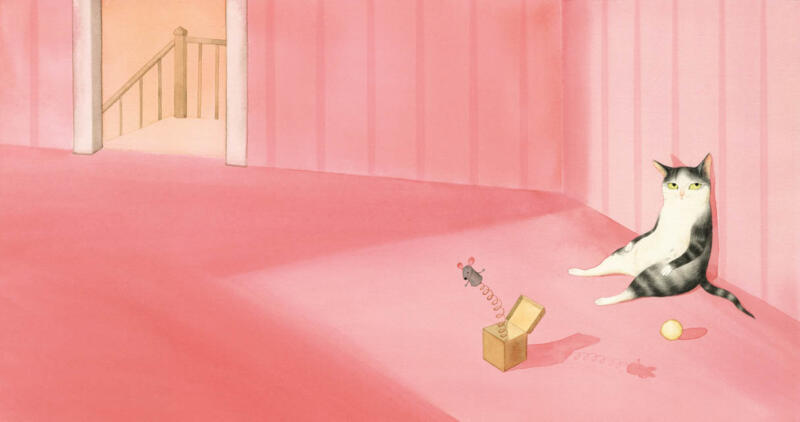 Akvarell illustration av en katt som sitter i ett rosa rum och ser uttråkad ut