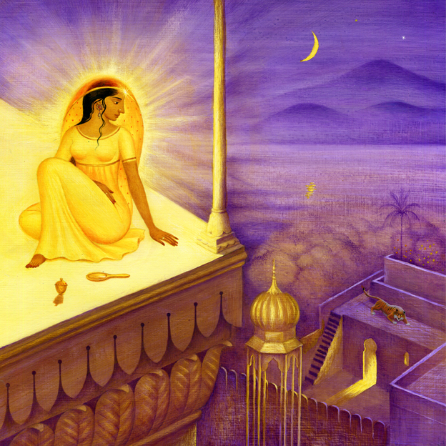 Akryl illustration av en indisk prinsessa som väntar på sin prins