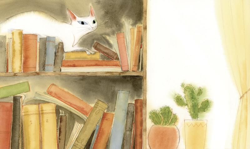 Akvarell av vitt katt som vilar hemma, illustration från bilderbok Kisse Greta