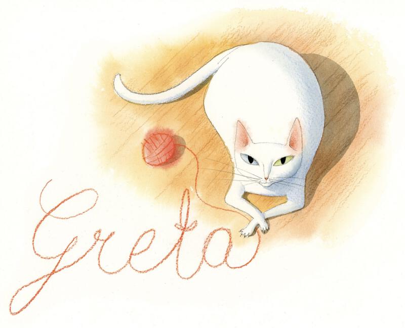 Akvarell av vitt katt med garn, omslagsbild av bilderboken Kisse Greta
