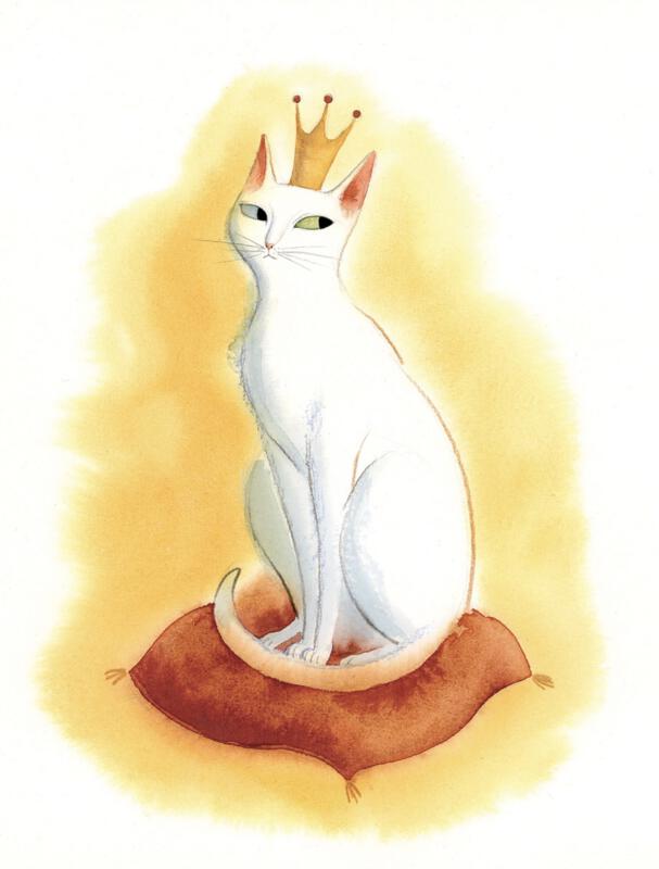 Akvarell av vitt katt som drottningen, illustration från bilderbok Kisse Greta