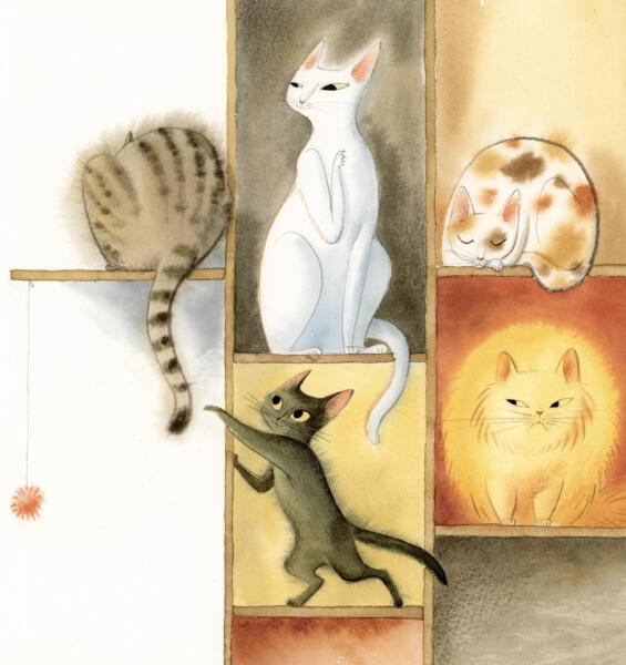 Akvarell av katterna i katthemmet, illustration från bilderbok Kisse Greta