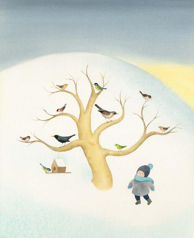 Akvarell illustration av en pojke som tittar på fåglar på vintern