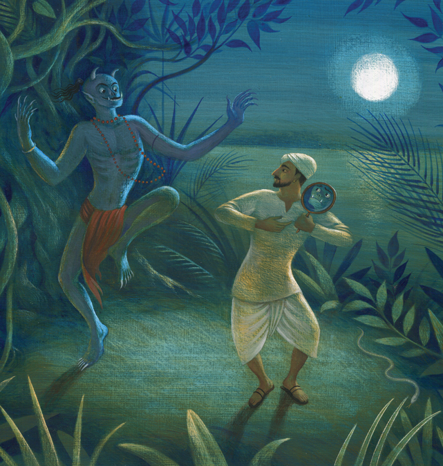 Akryl illustration av en man som lurar en demon i djungeln