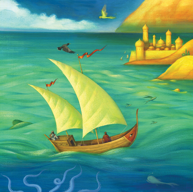 Akryl illustration av en segelbåt som seglar i farliga hav