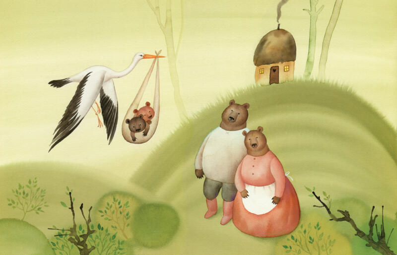 Akvarell illustration av en björnfamilj som väntar på sina ungar som bärs av en stork