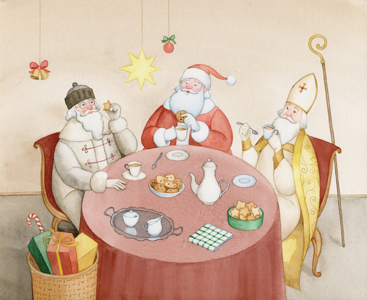 Akvarell illustration av tre Jultomterna som representerar olika folkliga seder i Slovenien
