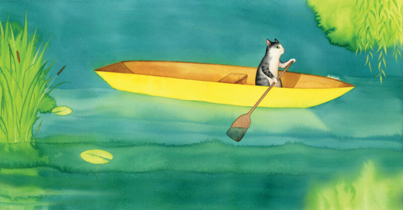 Akvarell illustration av en katt som ror en gul båt