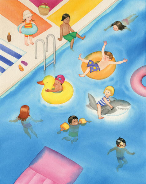 Akvarell Illustration av barn som badar i pool med uppblåsbara leksaker