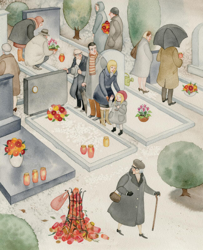 Akvarell illustration av människor som besöker en kyrkogård för alla helgons dag i Slovenien