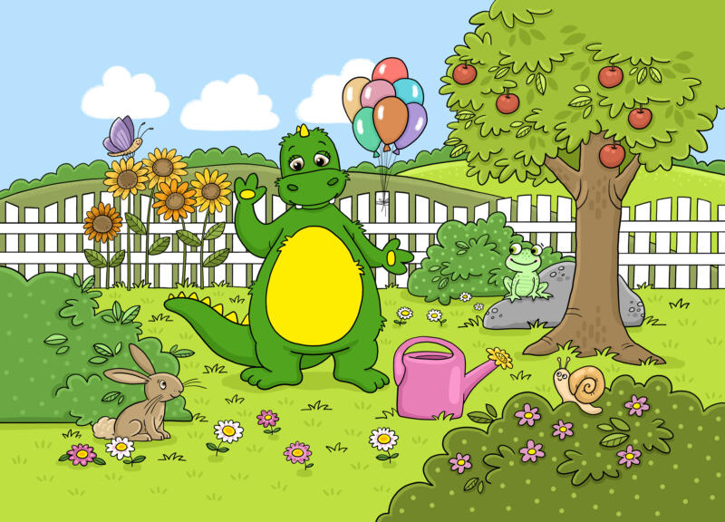 Bolibompadraken står i sin trädgård med ett knippe ballonger och vinkar. Vännerna ser på och är glada.