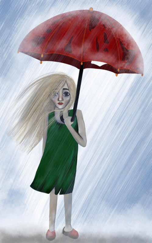 Illustration av flicka med trasigt paraply som står ensam i regnet och fryser. Digital målning av Hedvig Wisselgren.