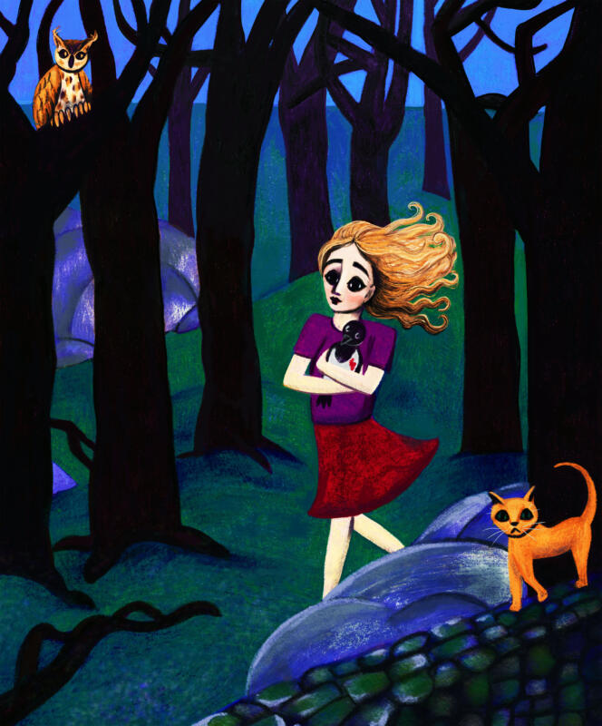 Illustration av flickan och kråkan. Inspirerad av Mikael Wiehes sång. Tecknad med färgpennor av Hedvig Wisselgren.