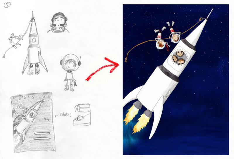 På vänster sida: Skisser på rymdraket och astronauter i blyerts. På höger sida: Färdig illustration.