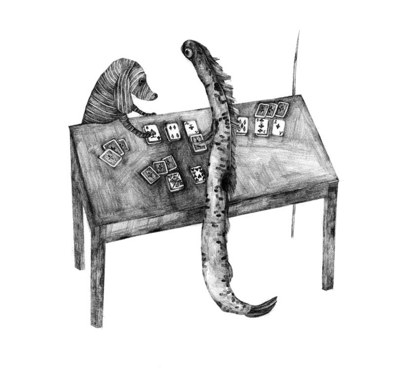 En svartvit illustration av tyghunden och ålen som spelar kort. 