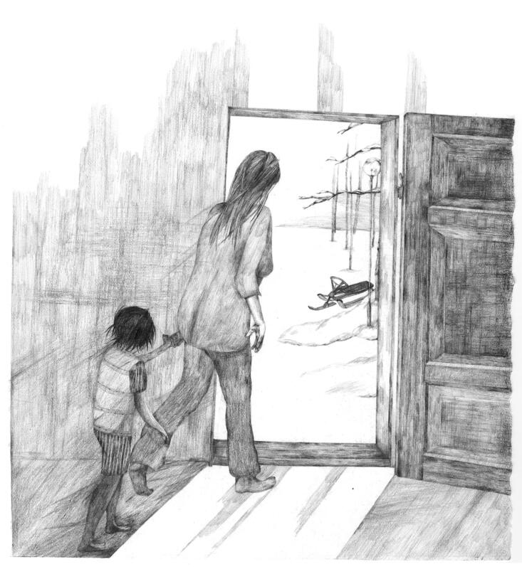 En svartvit illustration av ett barn som håller sin mamma i handen. De är på väg ut mot ljuset tillsammans.