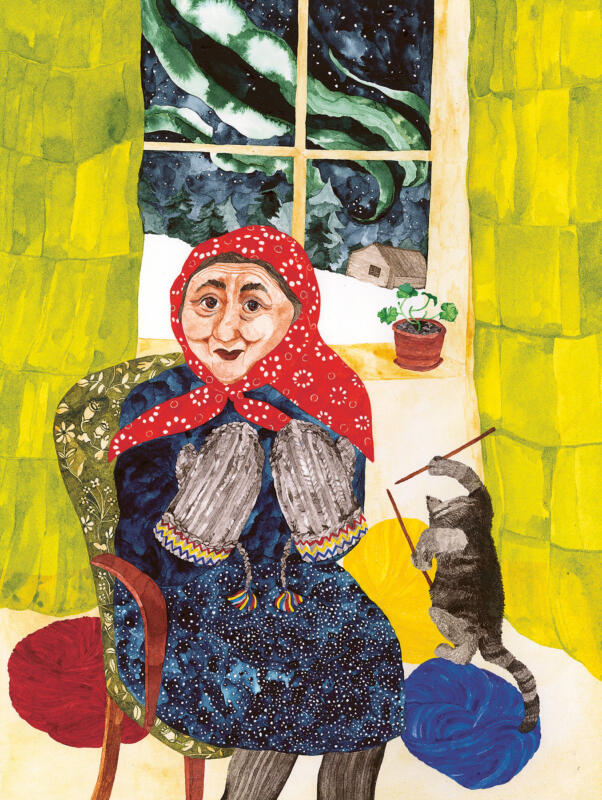 Färgstark och detaljrik illustration ur boken Svenska hjältinnor. Erika Aittamaa håller stolt upp Lovikkavantarna hon uppfunnit. 