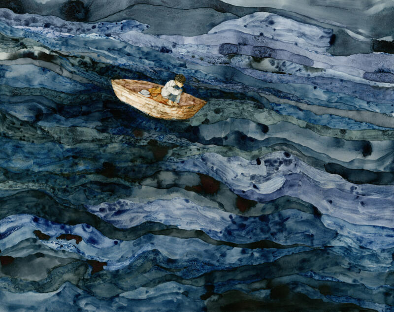 Akvarell som visar en pojke ensam i en båt på ett böljande blått hav.
