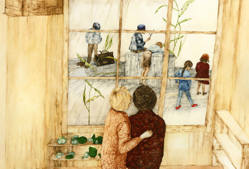 En illustration av två pojkar som håller om varandra. Utanför fönstret syns andra barn tillsammans som tittar mot något.