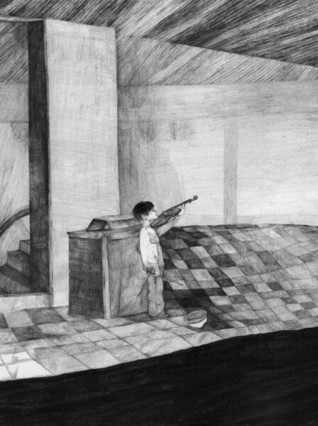 Blyertsteckning som visar en pojke vid en rulltrappa som blundar och håller en violin. Marken är ett böljande rutnät.