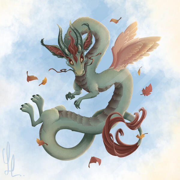 En fantasifull kinesisk drake i höstiga färger. Digital illustration tecknad i Procreate på ipad. Fungerar som konceptillustration för barnböcker eller illustrerade serier i genren fantasy.