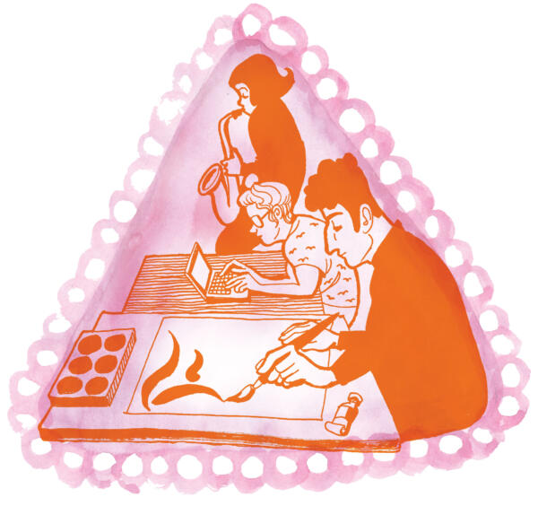 Orange image showing a man painting a large letter, a girl typing on a computer and another girl playing the clarinette, on a pink triangular background.