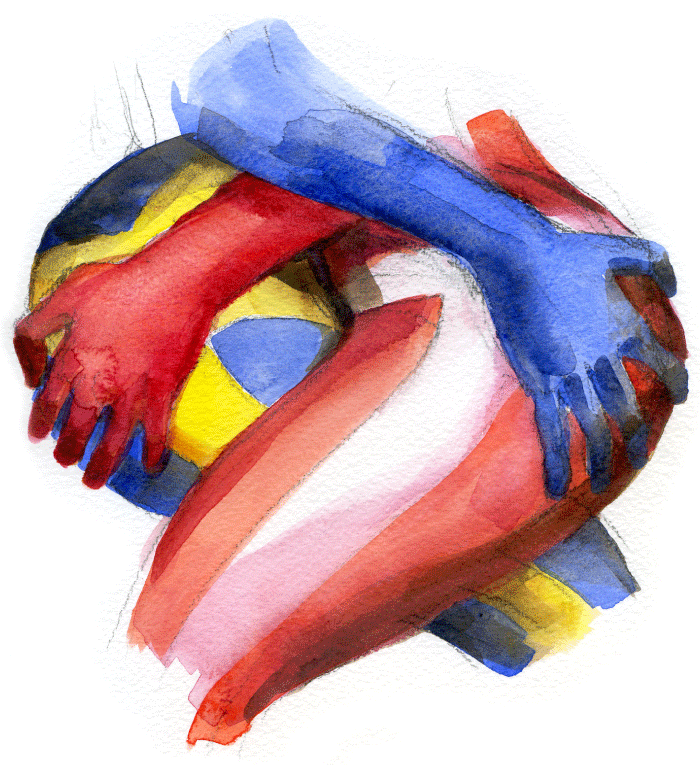 Akvarell som visar en omfamning där den ena parten är målad i svenska flaggans färger, den andra i den danska.
