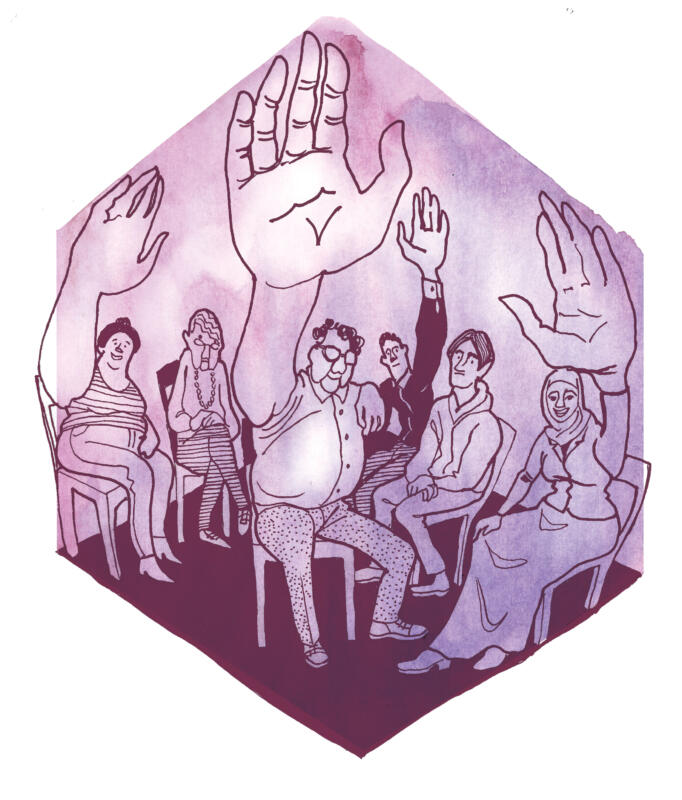 Dark purple line drawing showing people of different backgrounds raising their hands as a symbol for democracy