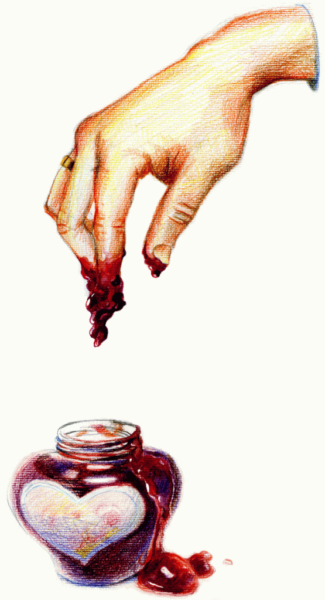 Illustration om otrohet, föreställande en hand som doppar fingrarna i en hjärtformad syltburk.