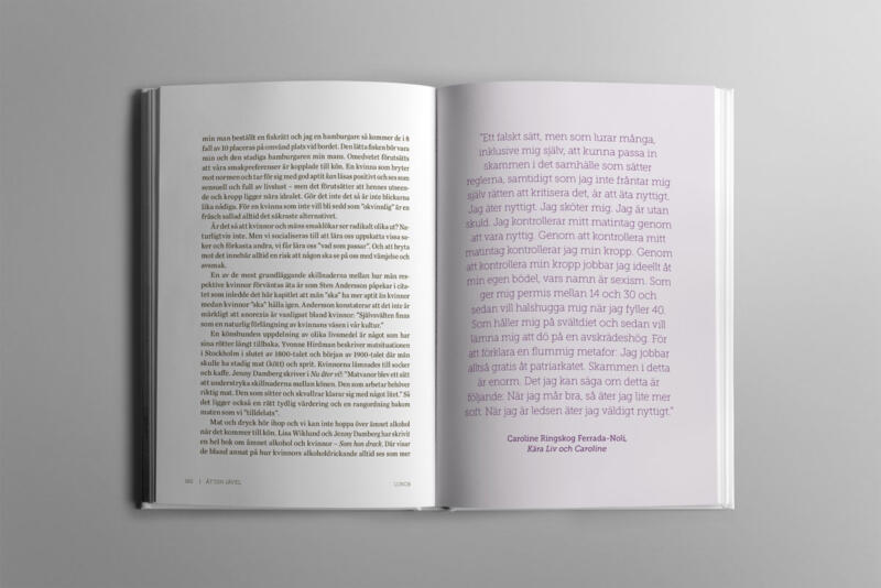Inlaga boken Ät din jävel, ett typografisk uppslag med välvalda typsnitt och en sida med citat i lila. 