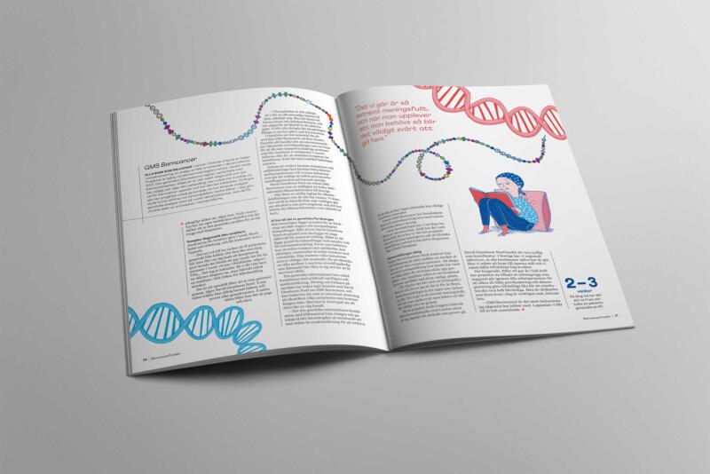Barncancerfonden omslagsbild på forskningskrift illustration som visar att forskningen om DNA kan vara nyckeln till barncancern. 