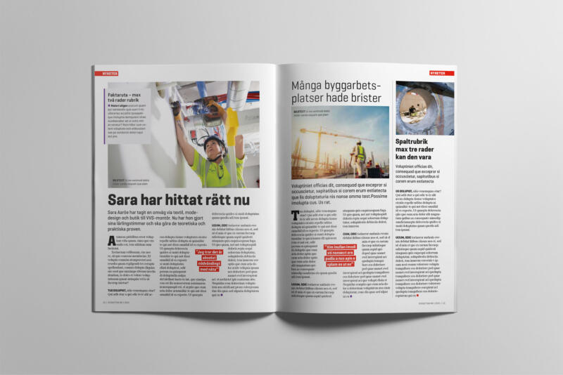 Redesign Byggnads medlemstidningar – uppslag med nyhetsartiklar