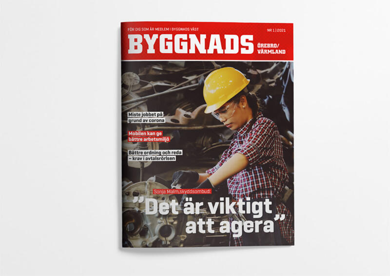 Redesign Byggnads medlemstidningar tidningsomslag, mall med tidningshuvud, foto och nyhetspuffar