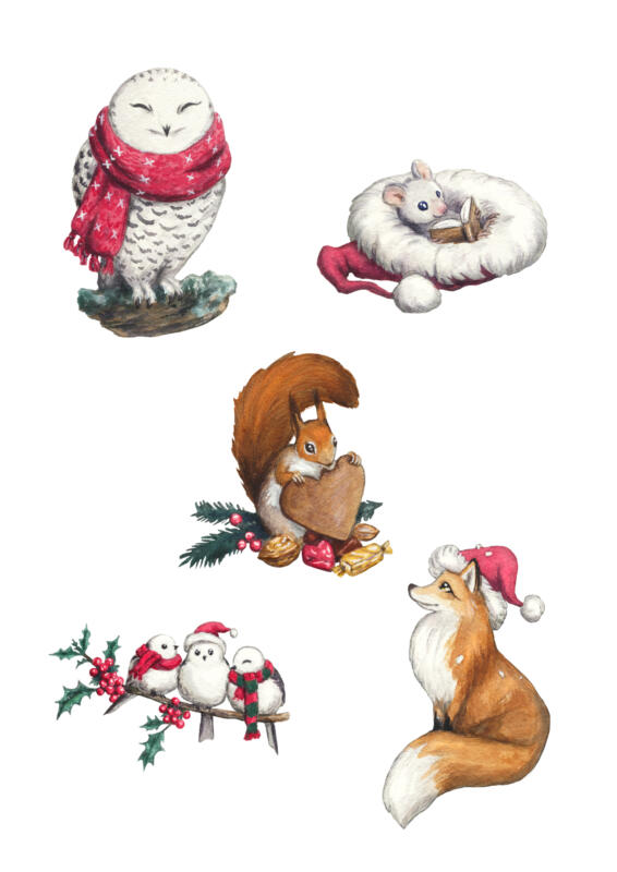 Julmotiv av olika djur, akvarell, Marta Leonhardt, 2022.