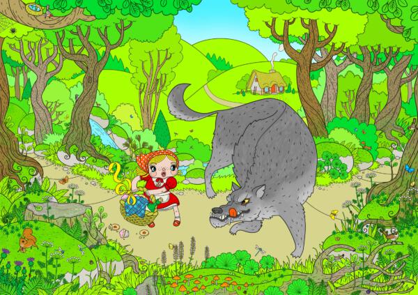 Rödluvan och vargen i skogen, illustration