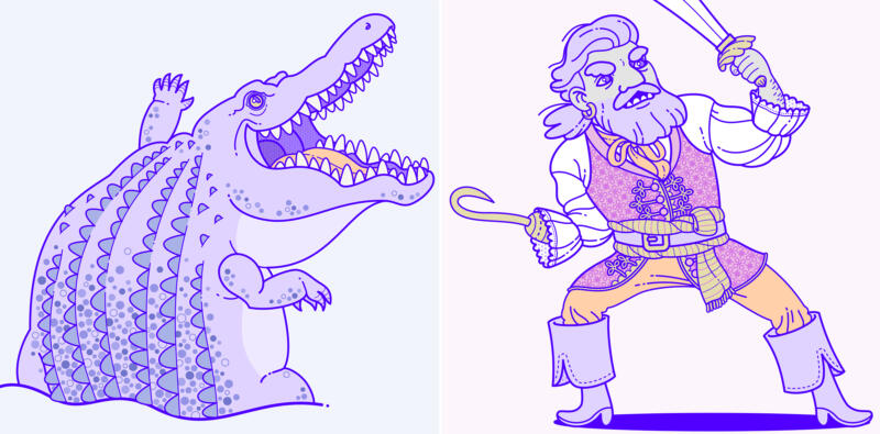 Crocodile and Captain Hook character design. 