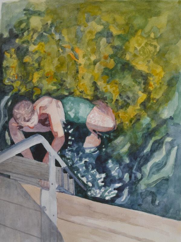 Akvarell av man som badar i havet vid en brygga