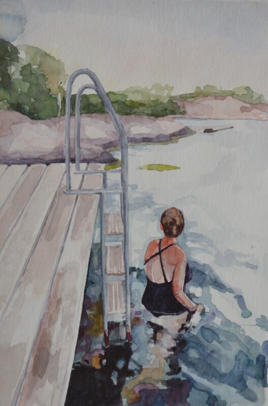 Akvarell av kvinna som badar i havet vid en brygga